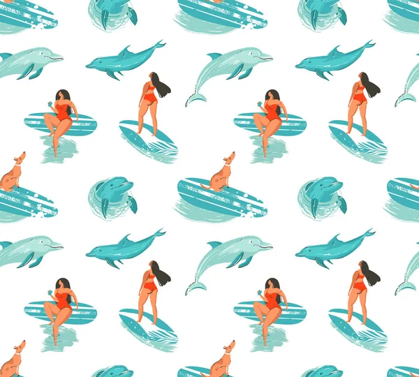 Ręcznie rysowane wektor streszczenie czas letni zabawa wzór z surferów dziewczyna w bikini, pies na deski surfingowe i skoki delfinów na białym tle. — Wektor stockowy