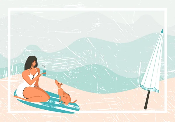 Çizilmiş vektör karikatür yaz saati el eğlenceli kız, sörf tahtası, köpek ve şemsiye kum kıyısında retro vintage arka plan — Stok Vektör