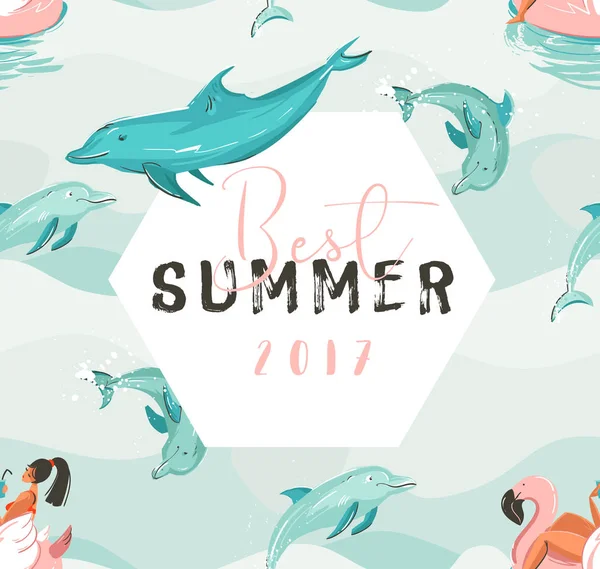 Hand drawn vector abstract cute summer time card with beach girl swimming on pink flamingo float circle, dolphins in blue ocean waves texture and Best summer typography — Stock Vector