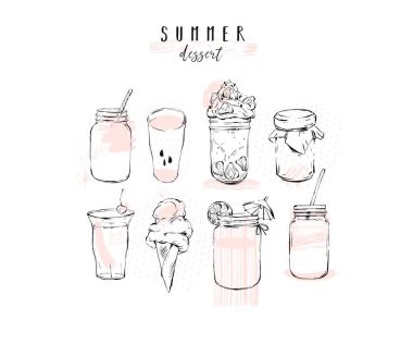 Elle çizilmiş vektör grafik yaz tatlılar çizim seti koleksiyonuyla limonata, su, detoks alkol kokteyl, taze soğuk buz soda, meyve güler yüzlü, dondurma, reçel, beyaz arka plan üzerinde milkshakeisolated