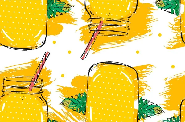 Elle çizilmiş vektör soyut yaratıcı Detoks su limonata Dikişsiz desen Cam Kavanoz, nane yaprakları ve beyaz arka plan üzerinde izole freehand dokular ile — Stok Vektör