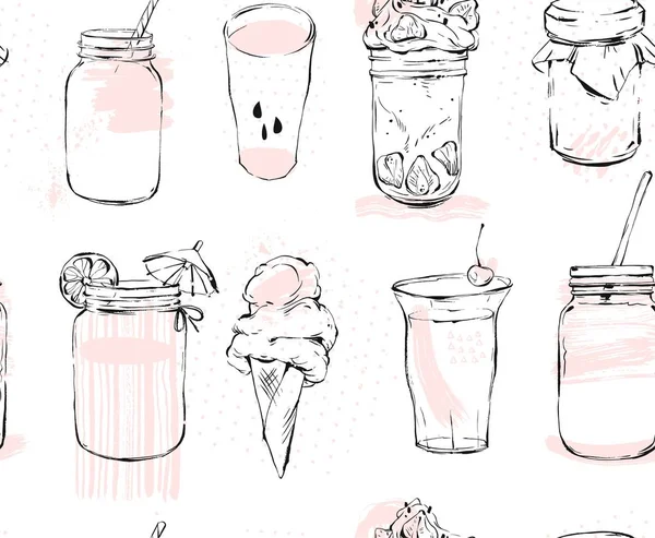 Hand drawn vector graphic seamless pattern with ice cream,glass jar,smoothie,milkshake,lemonade,jam and coctails isolated on white background.Freehand kitchen cook book icons,dessert and drinks. — Stock Vector