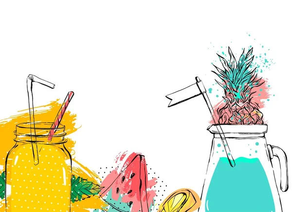 Handgezeichnet Vektor abstrakte Frucht Detox Hintergrund mit Glas, Wassermelone, Limonade, Minzblätter, Ananas und Aquarell Freihand Texturen isoliert auf weißem Hintergrund — Stockvektor
