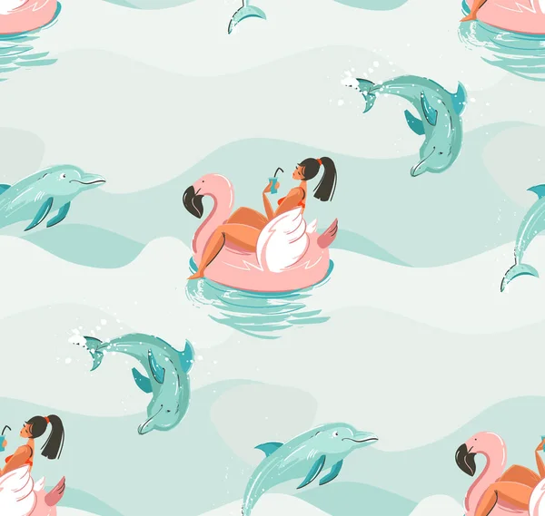 Hand dras vektor abstrakt söt sommartid sömlösa mönster med strand flicka simning på rosa flamingo float cirkel och delfiner i blå havet vatten vågor textur bakgrund. — Stock vektor