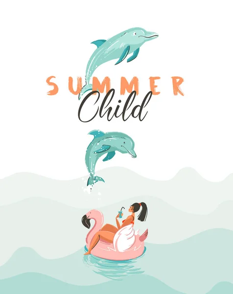 Ručně kreslenou vektorové kreativní kreslený letní čas plakát s skoky delfínů, holka na růžový plameňák plovoucí kruh a moderní typografie nabídku letní dítě izolovaných na bílém pozadí. — Stockový vektor