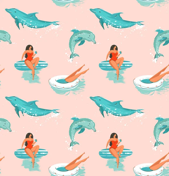 Hand drawn vector abstract summer time fun seamless pattern with surfers girl in bikini ,dog on surfboards and jumping dolphins isolated on pastel background. — Stock Vector