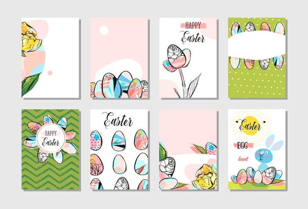 Dibujado a mano vector abstracto creativo Feliz Pascua tarjeta de felicitación diseño colección conjunto plantilla con flores, huevos de Pascua y conejito en colores pastel aislados en fondo blanco. — Vector de stock