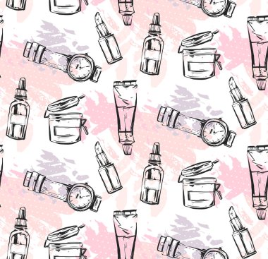 Elle çizilmiş vektör soyut grafik moda şık tarzı koleksiyon seamless modeli pembe pastel renkler beyaz arka plan üzerinde izole kız aksesuarları ile dokulu. Logo, günlük kaydı, moda tasarım.
