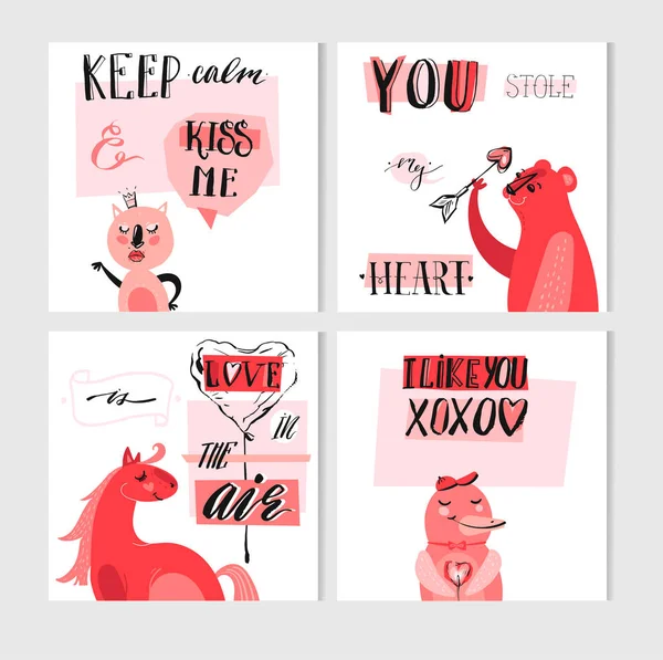 Handgezeichnet Vektor abstrakt kreativ cartoon valentines day concept cards template collection set mit niedlichen lustigen Tieren, Symbolen und moderner Kalligraphie-Phase in rosa, pastellfarben, rot isoliert auf weiß — Stockvektor