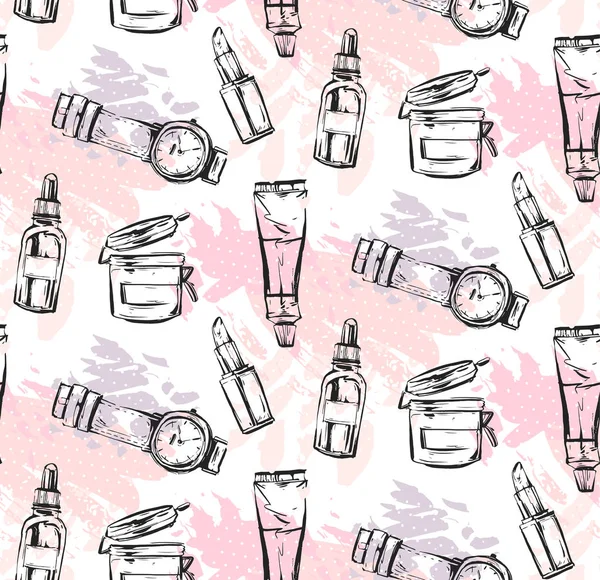 手描きの背景の抽象的なテクスチャ グラフィック ファッション付属品女の子ピンクのパステル カラーが白い背景で隔離のシックなスタイル コレクション シームレス パターンです。ロゴ、ジャーナリング、ファッションのデザイン. — ストックベクタ