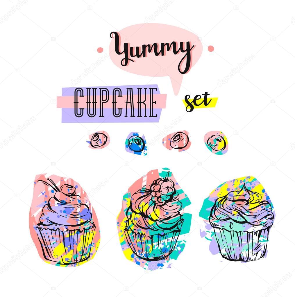 Hand drawn vector abstract creative sweet food design elements collection set with hand made modern graphic cupcakes with berries in bright colors isolated.Wedding,birthday,sweet shop,logo,business