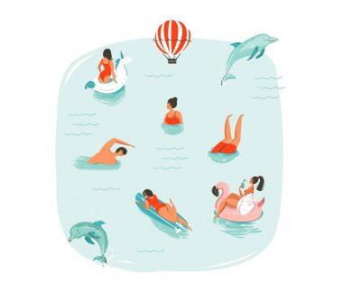 Çizilmiş vektör soyut yaz saati eğlenceli el mutlu insanlar atlama yunuslar ile Yüzme ile illüstrasyon, sıcak hava balonu, tek boynuzlu at ve pembe flamingo dubalar izole mavi su arka plan üzerinde yüzen