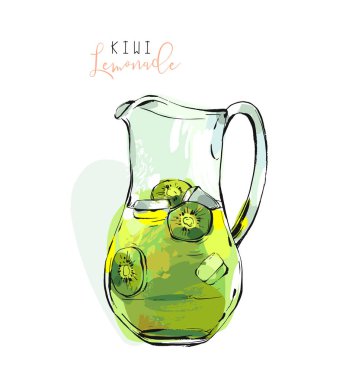 Elle çizilmiş vektör soyut freehand ferahlatıcı kivi limonata limon ve beyaz arka plan üzerinde izole buz küpleri ile cam sürahi çizimde dokulu