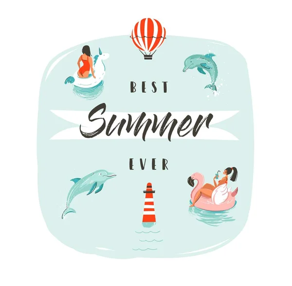 Hand van abstracte zomertijd getekende vector illustratie met zwemmen leuk gelukkige mensen in water met springen dolfijnen en moderne typografie fase Beste zomer ooit. — Stockvector