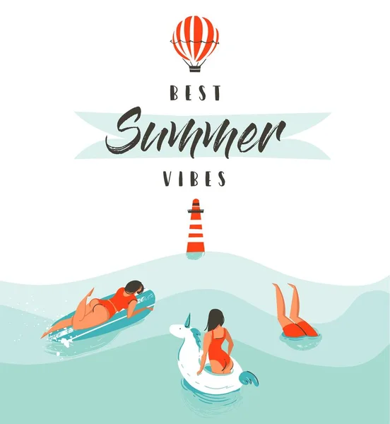 Hand drawn vector abstract summer time fun illustration with swimming happy people in water with lighthouse,hot air balloon and modern typography quote Best Summer Vibes isolated on white background. — Stock Vector