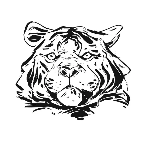 Mão desenhado vetor abstrato tinta gráfico áspero tigre cabeça ilustração isolada no fundo branco.Natureza tribal selvagem conceito de vida . —  Vetores de Stock