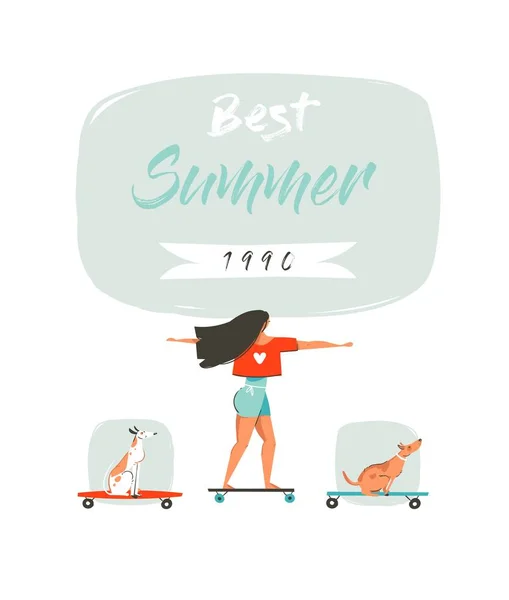 Handgezeichnete Vektor Cartoon Sommerzeit Spaß Illustration mit jungen Mädchen auf langem Brett, Hunde auf Skateboards und moderne Typografie besten Sommer 1990 isoliert auf weißem Hintergrund. — Stockvektor