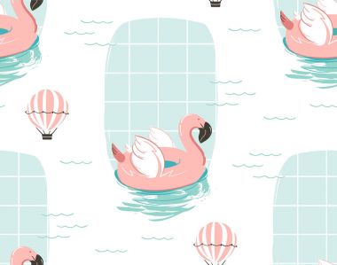 Elle çizilmiş vektör karikatür yaz saati eğlence illüstrasyon seamless modeli pembe flamingo şamandıra şamandıra daire, Yüzme Havuzu ve sıcak hava balonu beyaz arka plan üzerinde izole