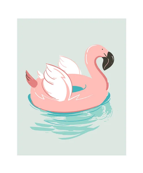 Dibujo a mano vector abstracto dibujos animados verano divertido ilustración con rosa boya flamingo flotador círculo aislado sobre fondo azul — Vector de stock