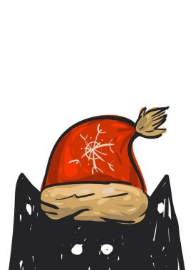 Üzerinde kırmızı Noel Baba şapkası olan siyah kedi karakterinin resmi olan el çizimi bir Noel kartı. Günlük, kartpostal, tarih, selamlama, poster tasarımı..