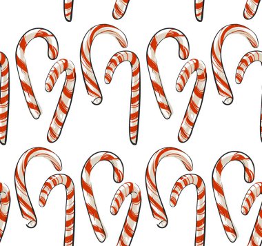 Beyaz arka planda izole edilmiş şeker kamışları ile el yapımı soyut noel vektörü şekilleri. Noel menüsü tasarımları. Mutlu yıllar ve mutlu noeller. Paketleme kağıdı. Kumaş deseni.