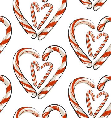 Elle çizilmiş vektör Noel beyaz arka plan üzerinde izole kalp şeklinde şekerler ile seamless modeli Özet. Noel menü tasarımı. Mutlu yeni yıl ve mutlu Noeller kavramı. Yetkin kaydırma