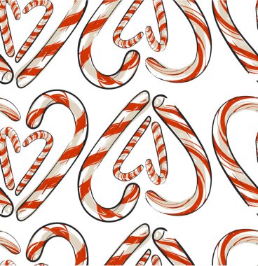 Elle çizilmiş vektör Noel beyaz arka plan üzerinde izole kalp şeklinde şekerler ile seamless modeli Özet. Noel menü tasarımı. Mutlu yeni yıl ve mutlu Noeller kavramı. Yetkin kaydırma