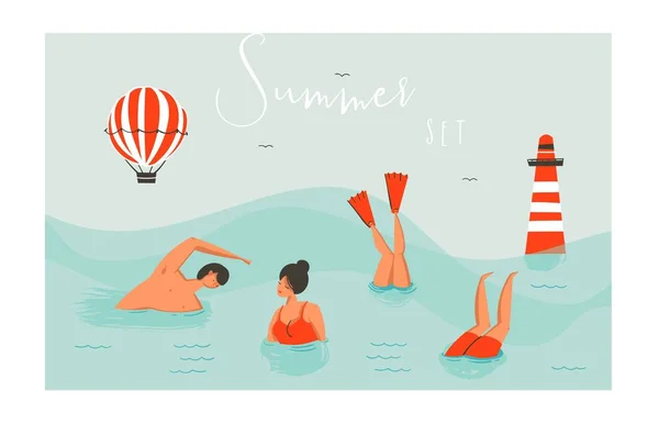 Hand getekend vector abstract cartoon zomer plezier zwemmen mensen groep collectie geïsoleerd op blauwe oceaan golven. — Stockvector
