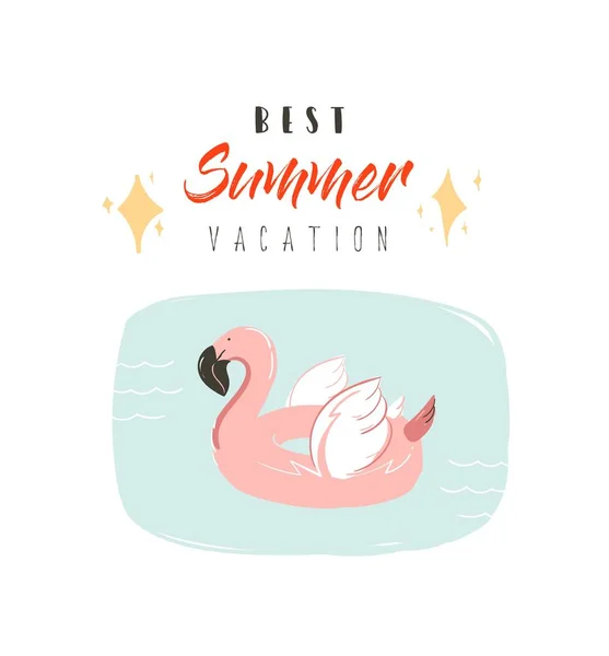 손으로 그린 추상적 인 벡터 여름 시간재밌는 삽화와 파스텔 색의 핑크 플라밍고 부표와 현대 타이포그래피는 흰색 배경에 분리 된 최고의 여름 휴가를 인용 한다.. — 스톡 벡터
