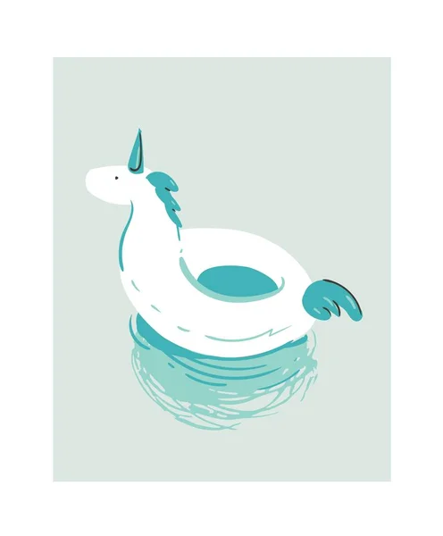 Dibujo a mano vector abstracto dibujos animados verano divertido ilustración con unicornio blanco piscina boya flotador círculo aislado sobre fondo azul . — Vector de stock