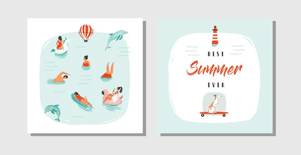 손으로 그린 추상 벡터 여름 카드 모음 집 행복 한 수영하는 사람들로 구성 된 템플릿과 파란색 해수의 행복 한 수영하는 사람들, 스케이트보드의 개와 타이포그래피의 최고의 여름 인용. — 스톡 벡터
