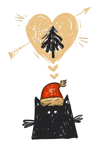 Biglietto di Natale astratto vettoriale disegnato a mano con illustrazione del personaggio divertente del gatto nero in cappello rosso di Babbo Natale, albero di Natale e cuore isolato su sfondo bianco.Design per diario, cartolina — Vettoriale Stock