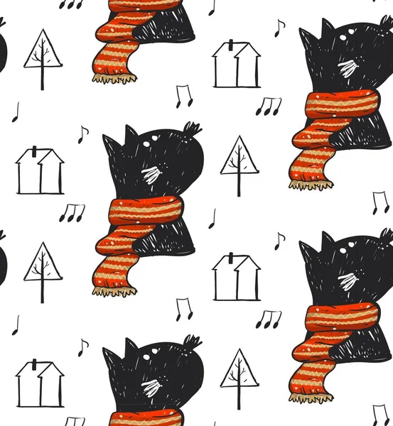 Handritad vektor abstrakt jul sömlöst mönster med söt svart katt i röd halsduk illustration, anteckningar, julgranar och hus isolerade på vit bakgrund. vintersäsong utomhus mönster — Stock vektor
