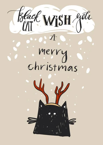 Vector dibujado a mano abstracto Feliz Navidad tarjeta de felicitación plantilla con lindo gato negro personaje en cornamenta de ciervo y la fase de caligrafía moderna gato negro le desea una Feliz Navidad — Vector de stock