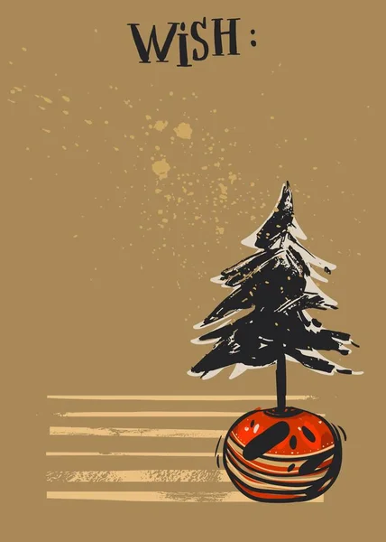 Handgezeichnete Vektor abstrakte texturierte Weihnachtskarte mit Weihnachtsbaum in pot.Design für Grußkarte, speichern Sie das Datum, Tagebuch, Postkarte, Tag, Poster, Flyer, Notizseite — Stockvektor