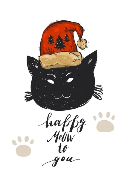 손으로 그린 추상 벡터 메리 크리스마스 인사말 카드 주형에 붉은 산타클로스 모자를 쓴 검은 고양이 캐릭터와 현대 필도 단계 Happy Meow to you .Christmas poster, postcard, ornaments. — 스톡 벡터