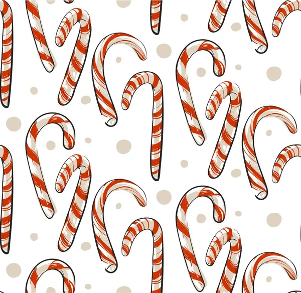 手描きベクトル抽象白の背景に隔離されたキャンディーの杖を持つクリスマスのシームレスなパターン。クリスマスメニューのデザイン。ハッピーニューイヤーとメリークリスマスのコンセプト。 — ストックベクタ