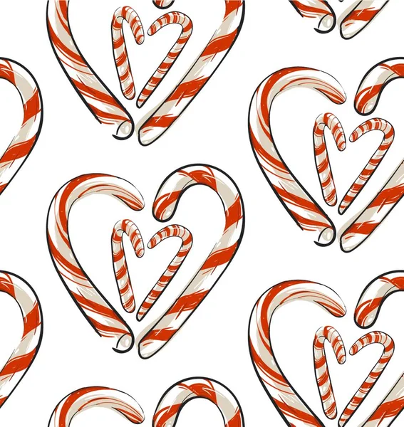 Dibujado a mano vector abstracto patrón sin costuras de Navidad con bastones de caramelo en forma de corazón aislado sobre fondo blanco. Diseño de menú de Navidad. Feliz Año Nuevo y Feliz Navidad Concept.Wrapping papel — Vector de stock