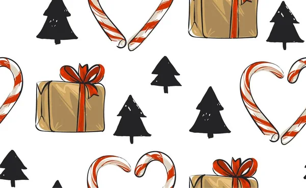 Dibujado a mano vector abstracto patrón inconsútil de Navidad con árboles de Navidad, cajas de regalo y bastones de caramelo en forma de corazón aislado en fondo blanco. Feliz Año Nuevo y Feliz concepto de Navidad — Vector de stock