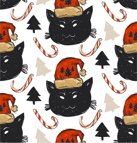 手工绘制的矢量抽象图形圣诞无缝模式中红色的圣诞老人的帽子插图、 糖果和斯堪的纳维亚圣诞树上白色孤立的可爱搞笑的黑猫字符. — 图库矢量图片