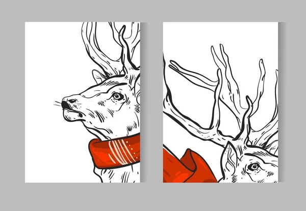 Gráfico vectorial dibujado a mano Feliz Navidad tarjetas de felicitación colección conjunto con ciervos en bufanda roja aislado sobre fondo blanco.Diseño de diario de Navidad.Guarde la fecha Concepto de Navidad — Vector de stock