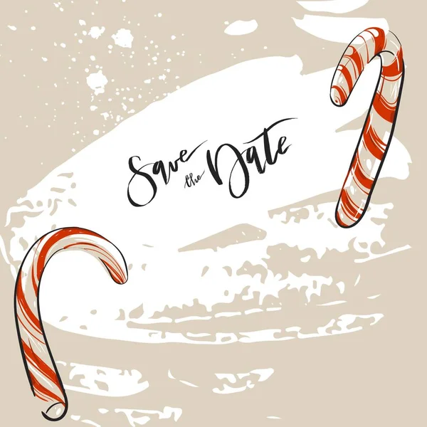 Decorazione astratta di Natale vettoriale disegnata a mano salva la data modello di biglietto di auguri con bastoncini di zucchero isolato su sfondo pastello. — Vettoriale Stock