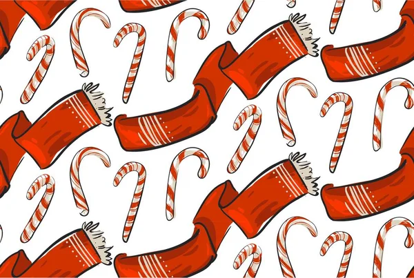 Hand drawn vector Christmas seamless pattern with winter clothing red scarf and sweer candy canes isolated on white backgroung.Merry Christmas and Happy New Year concept pattern.Wrapping paper — Stock Vector