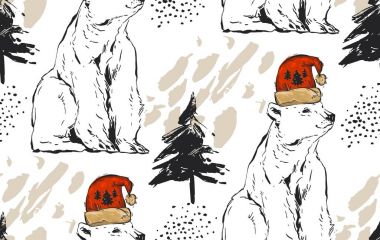 Hand drawn vector abstract Merry Christmas seamless pattern with North Pole white polar bear in red Santa hat and Christmas tree isolated on white background.Pattern for fabric and wrapping paper clipart