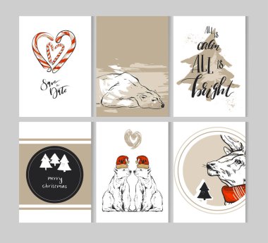 El çizimi vektör soyut Mutlu Noeller tebrik kartları koleksiyonu. Geyik, kutup ayısı, Noel ağacı, baston şekeri ve modern kaligrafi aşamaları. Basit Noel günlüğü kartları, sayfa.