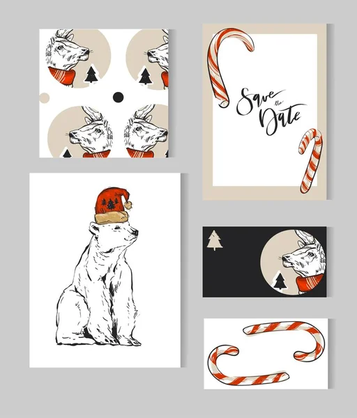 Kézzel rajzolt vektor elvont Boldog Karácsonyi üdvözlőkártyák sablon gyűjtemény készlet szarvas, jegesmedve, karácsonyfa, kandallópálca és a modern kalligráfia fázis.Egyszerű karácsonyi napló kártyák, oldal — Stock Vector