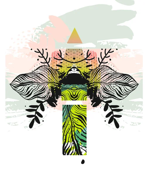 Ручной рисунок вектора абстрактный современный boho тропический минималистичный необычный экзотический пальмовый лист отражает композицию.Tribal дизайн для плаката, открытки, приглашение, плакат, брошюра, плоский . — стоковый вектор