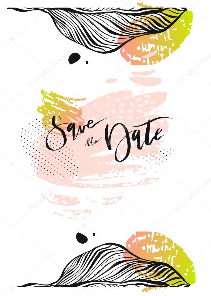 Calligraphy Vector Save The Date. Watercolor Vector Invitation. Watercolor Flowers Invitation Vector
