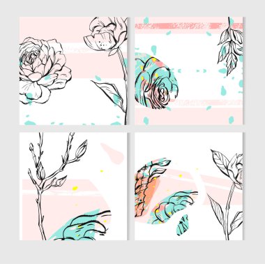 Sanatsal yaratıcı evrensel kartlar. El yapımı kumaşlar. Düğün, yıldönümü, doğum günü, sevgililer günü, parti. Poster, kart, davetiye, pankart, broşür, broşür için tasarım. Vektör. İzole edilmiş.