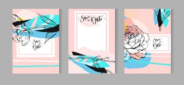 Sanatsal yaratıcı evrensel kartlar. El yapımı kumaşlar. Düğün, yıldönümü, doğum günü, sevgililer günü, parti. Poster, kart, davetiye, pankart, broşür, broşür için tasarım. Vektör. İzole edilmiş.